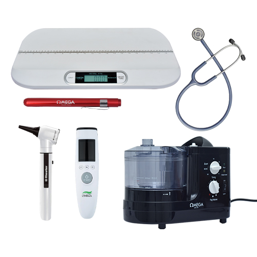 Pediatric clinics offer ( Baby Scale + Ultrasonic Nebulizer + Digital thermometer + Riester stethoscope + Otoscope + Omega Torch )