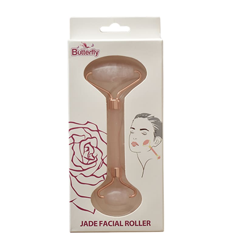 أداة تدليك الوجه مزدوجة الرأس الدوارة من حجر الورد كريستال كوارتز لمقاومة التجاعيد والعناية بالبشرة لون بينك من باترفلاي